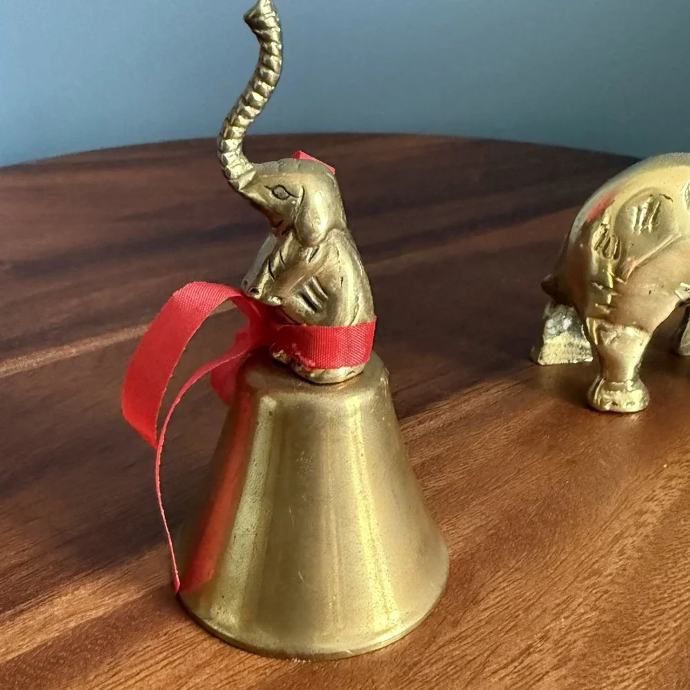 Lot of 2‎ Vintage Brass Elephants Figurine Bell Lucky Trunk Up Trinkets Mini